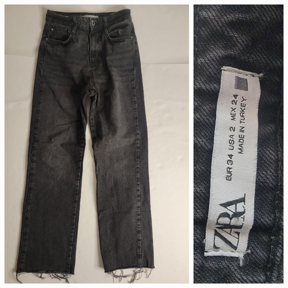 Zara Jeans Sz 2 Straight High Rise Charcoal Gray Fray Rigid